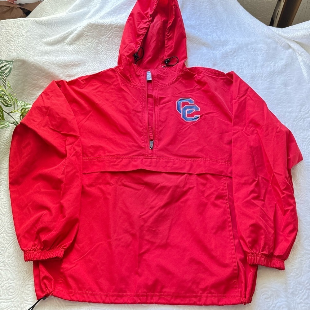 Champion Red Half Zip Windbreaker Jacket L Lightweight Hooded Pullover CC Logo - Picture 2 of 14